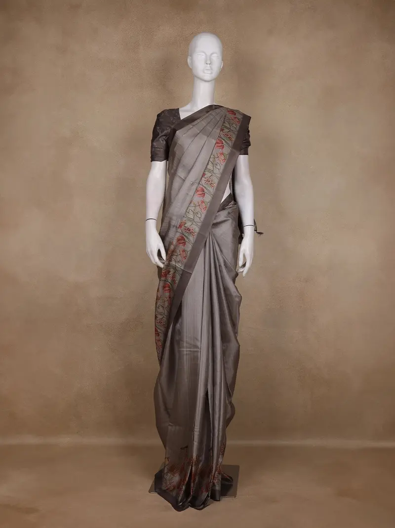 Smokey Grey Solid Woven Design Tussar Saree With Floral Printed Border 1