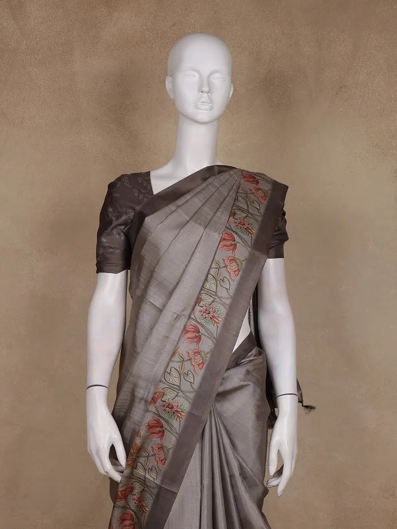 Smokey Grey Solid Woven Design Tussar Saree With Floral Printed Border 2