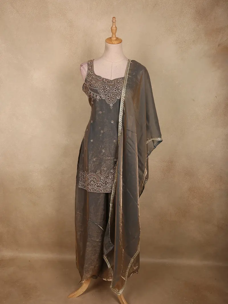 Smoky Ash Grey Sequins And Beads Embroidered Design Organza Palazzo Suit With Dupatta 1
