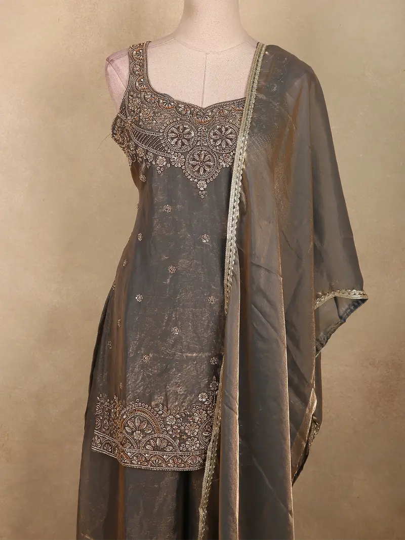 Smoky Ash Grey Sequins And Beads Embroidered Design Organza Palazzo Suit With Dupatta 2