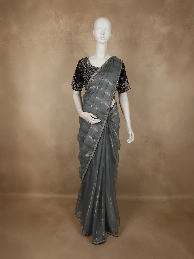 Smoky Charcoal Grey Striped Design Organza Designer Saree With Matching Blouse 1