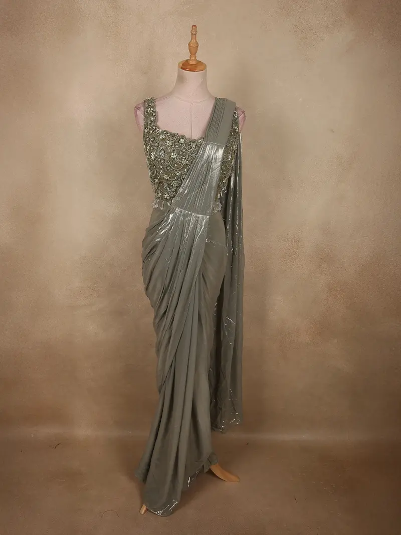Smoky Green Solid Design Organza Ready To Wear Saree With Designer Blouse 1