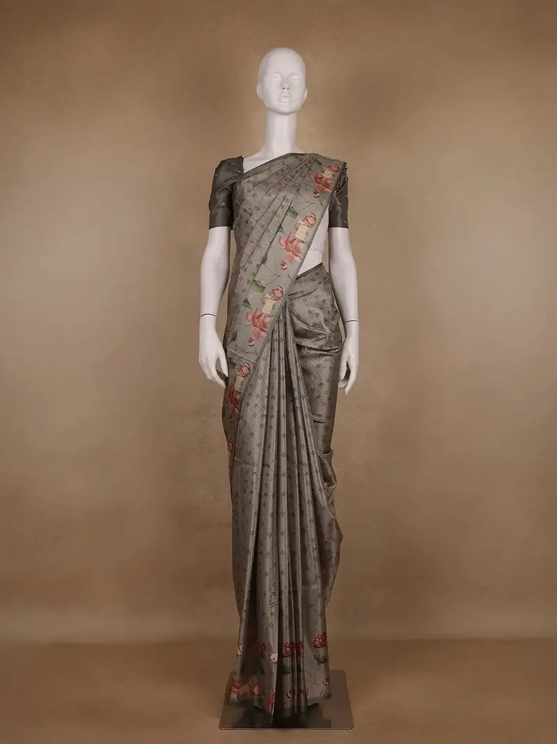 Smoky Grey Floral Design Tussar Silk Saree 1