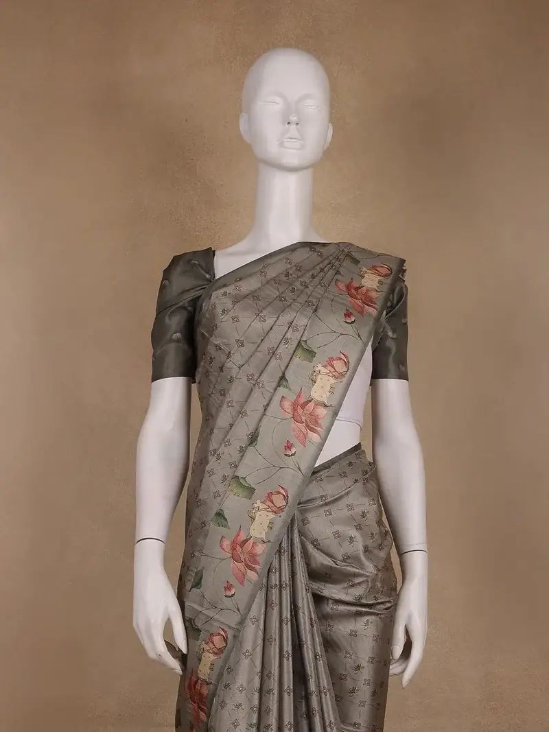 Smoky Grey Floral Design Tussar Silk Saree 2