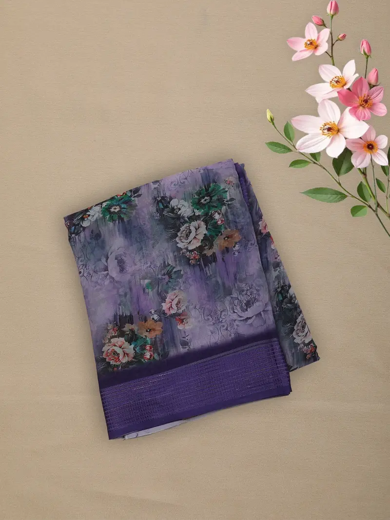 Smoky Lavender Purple Floral Printed Design Chiffon Saree 1