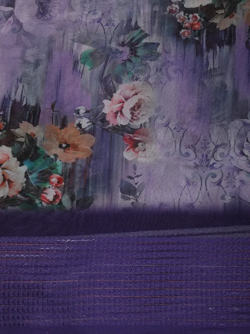 Smoky Lavender Purple Floral Printed Design Chiffon Saree 2