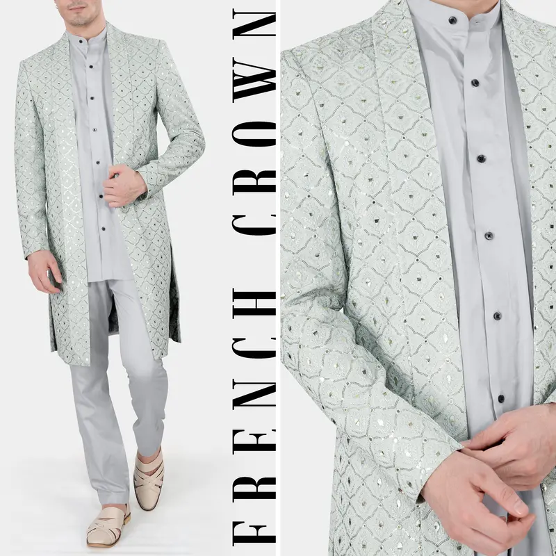 Snow Drift Green Mirror And Sequins Work With Gainsboro Gray Kurta And Pant Set 1