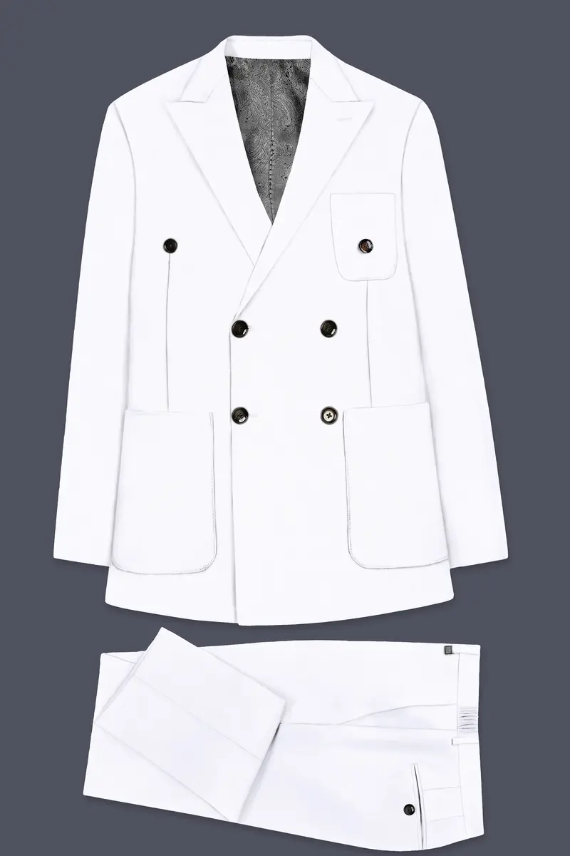 Snow White Luxurious Linen Double-Breasted Sports Suit 11