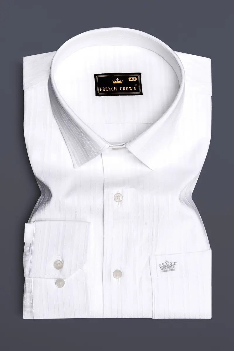 Snowline-Bright White Striped Dobby Textured Premium Giza Cotton Dress Shirt 3