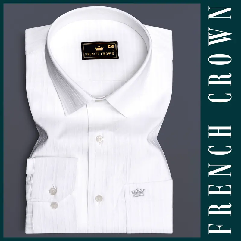 Snowline-Bright White Striped Dobby Textured Premium Giza Cotton Dress Shirt 5