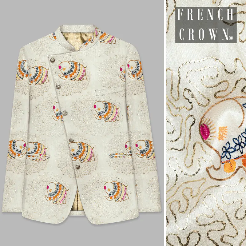 Soft Amber Cream Designer Elephant Embroidered Cross Placket Bandhgala Jodhpuri 1