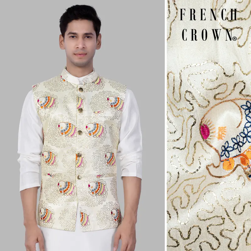 Soft Amber Cream Designer Elephant Embroidered Nehru Jacket 1