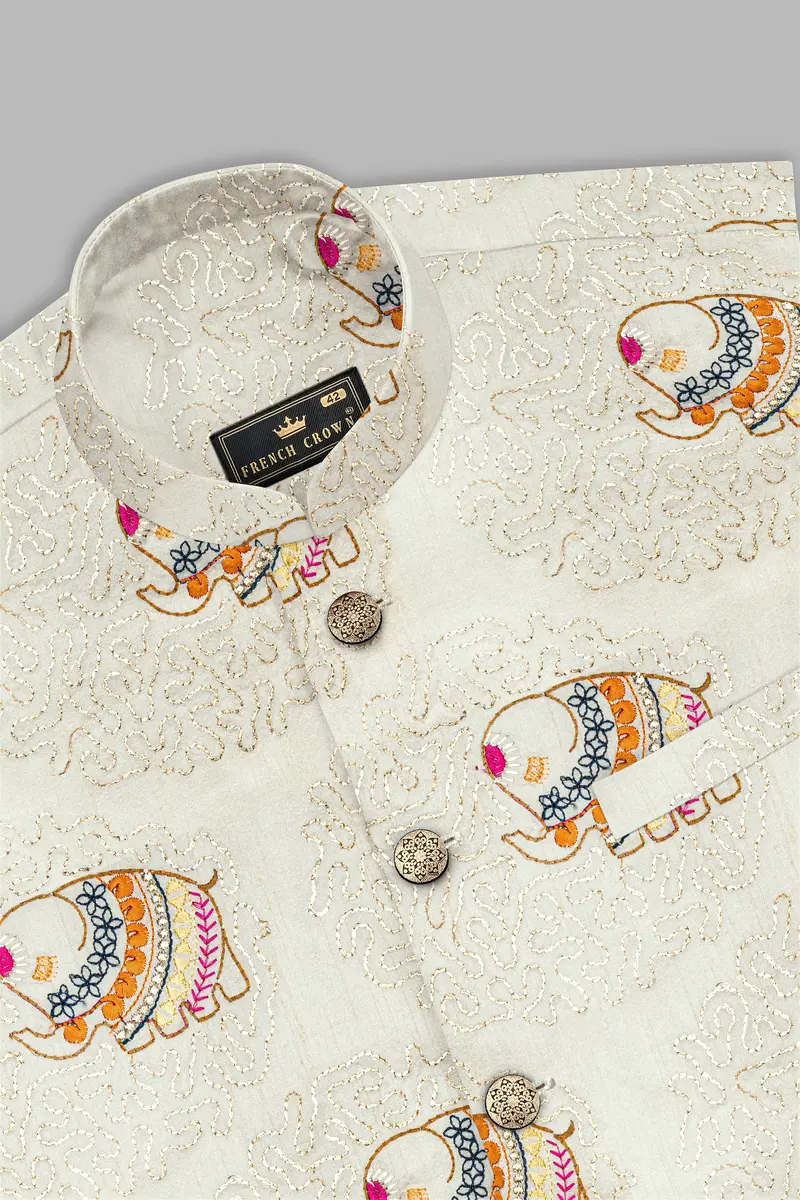 Soft Amber Cream Designer Elephant Embroidered Nehru Jacket 10