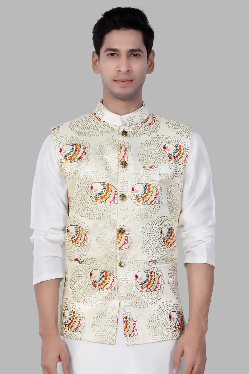 Soft Amber Cream Designer Elephant Embroidered Nehru Jacket 2