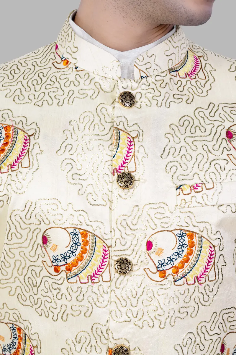 Soft Amber Cream Designer Elephant Embroidered Nehru Jacket 4