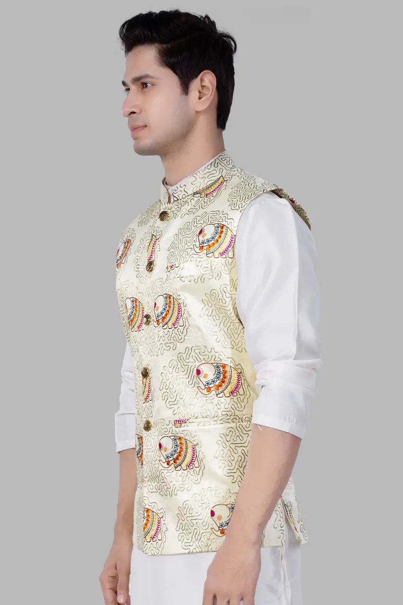 Soft Amber Cream Designer Elephant Embroidered Nehru Jacket 5