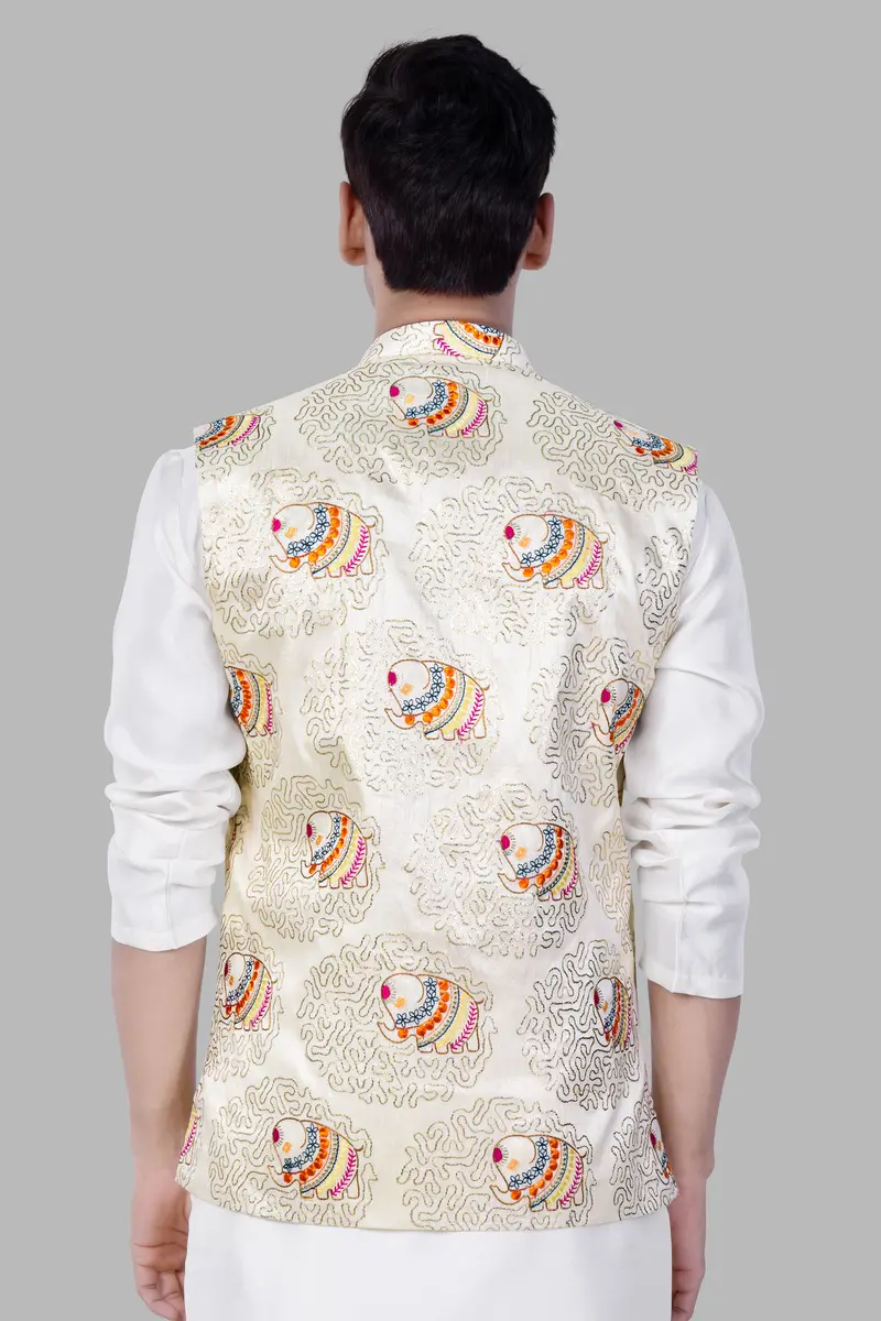 Soft Amber Cream Designer Elephant Embroidered Nehru Jacket 6