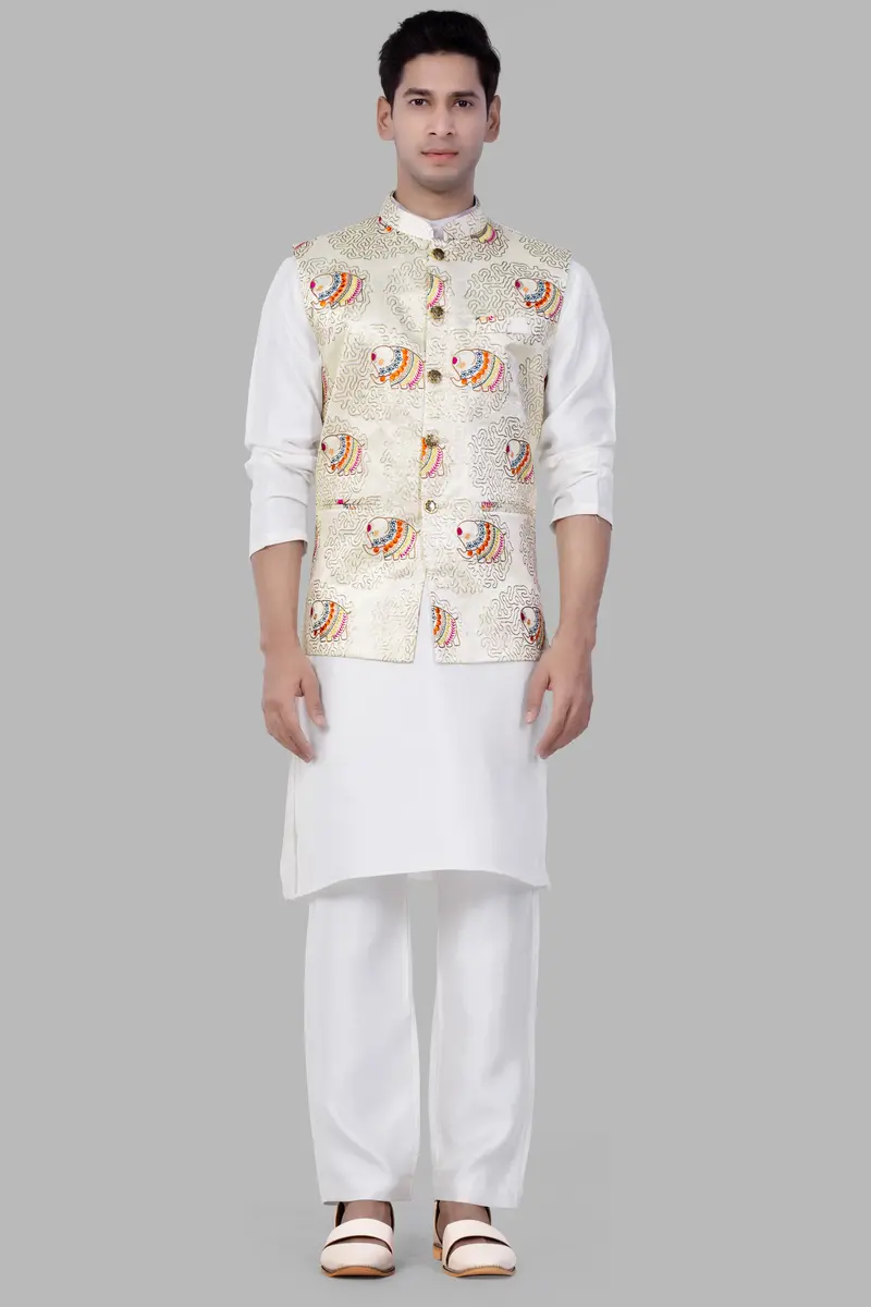 Soft Amber Cream Designer Elephant Embroidered Nehru Jacket 7