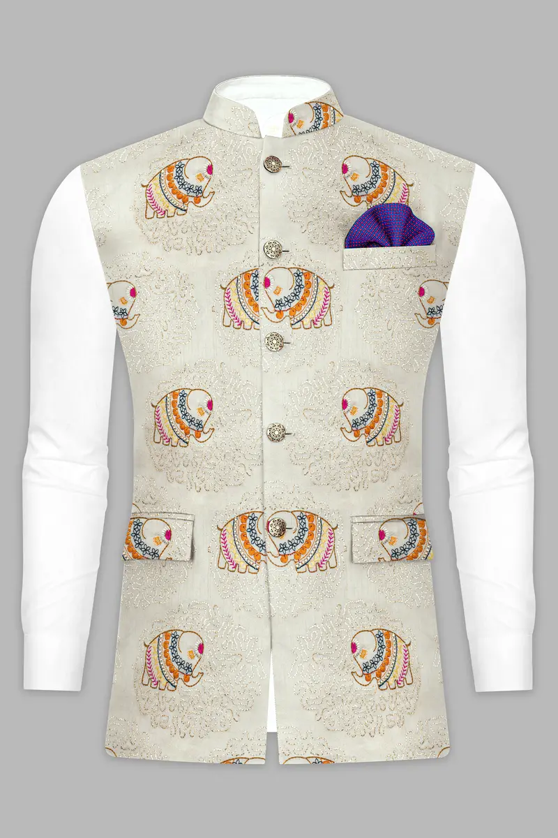 Soft Amber Cream Designer Elephant Embroidered Nehru Jacket 8