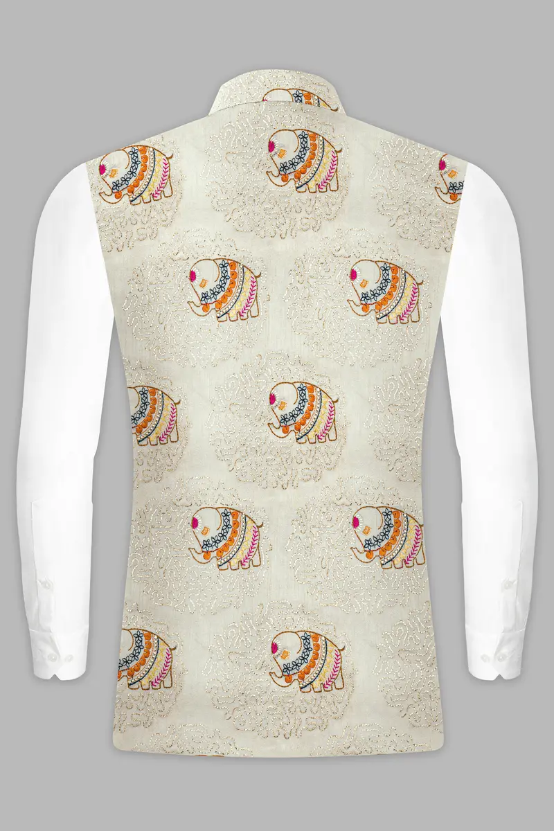 Soft Amber Cream Designer Elephant Embroidered Nehru Jacket 9