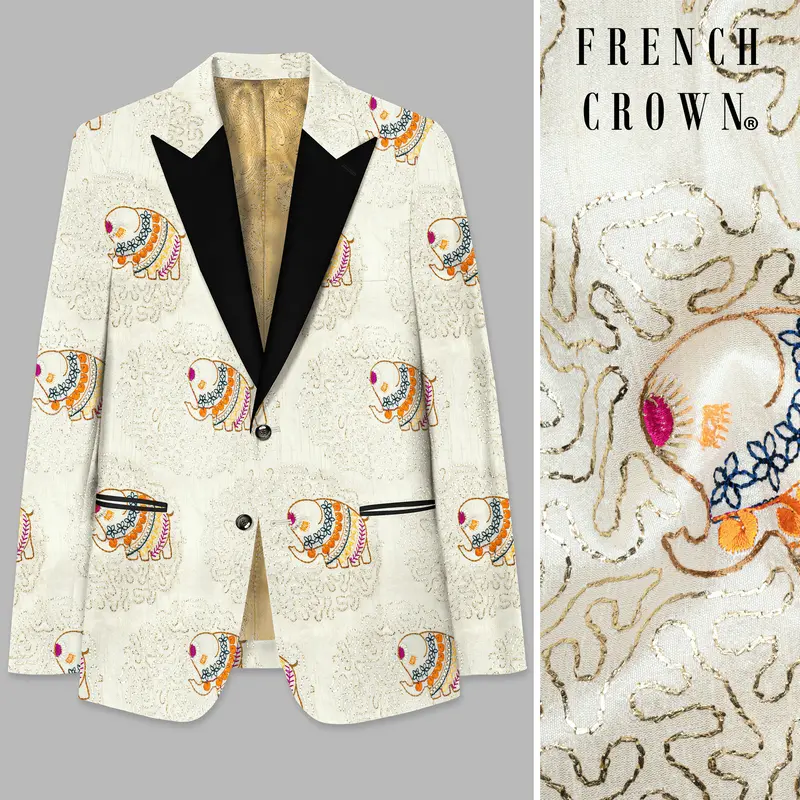 Soft Amber Cream Designer Elephant Embroidered Peak Lapel Tuxedo Blazer 1