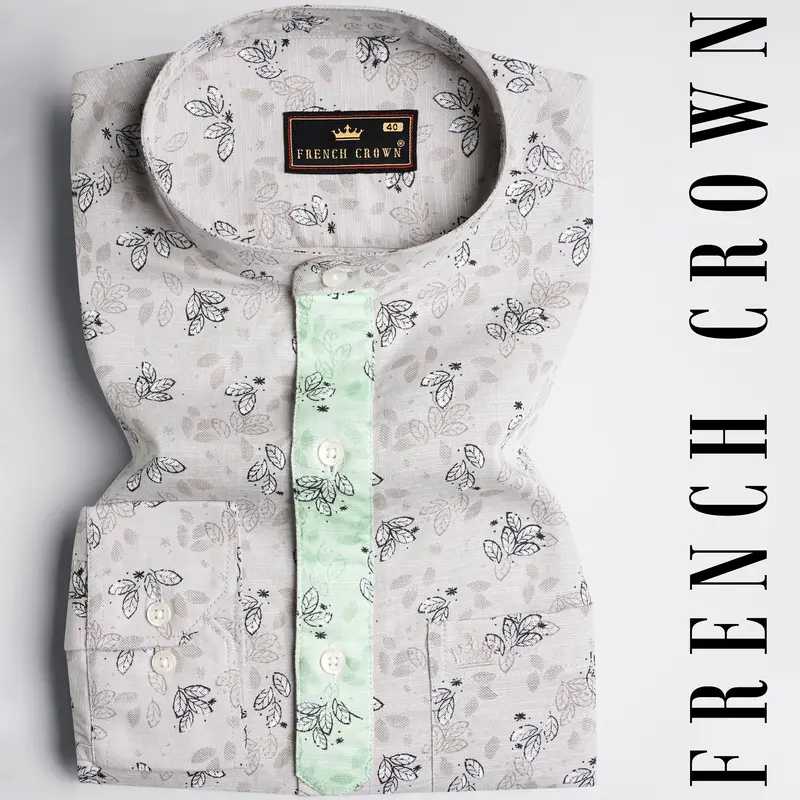 Soft Amber Gray With Thunder Black And Pale Leaf Green Luxurious Linen Designer Shirt 1