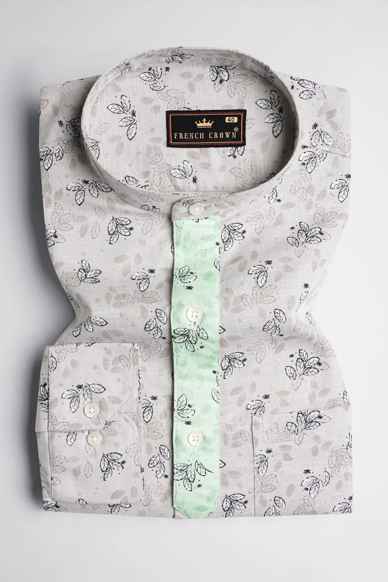 Soft Amber Gray With Thunder Black And Pale Leaf Green Luxurious Linen Designer Shirt 2