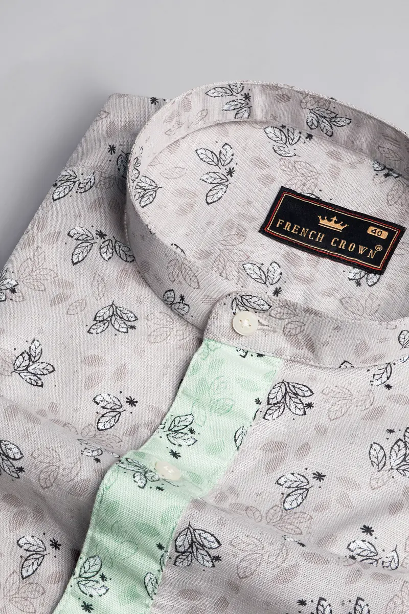 Soft Amber Gray With Thunder Black And Pale Leaf Green Luxurious Linen Designer Shirt 4