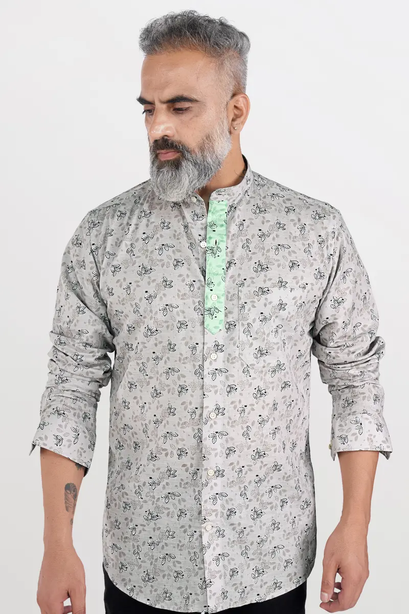 Soft Amber Gray With Thunder Black And Pale Leaf Green Luxurious Linen Designer Shirt 5