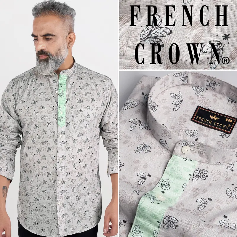 Soft Amber Gray With Thunder Black And Pale Leaf Green Luxurious Linen Designer Shirt 8