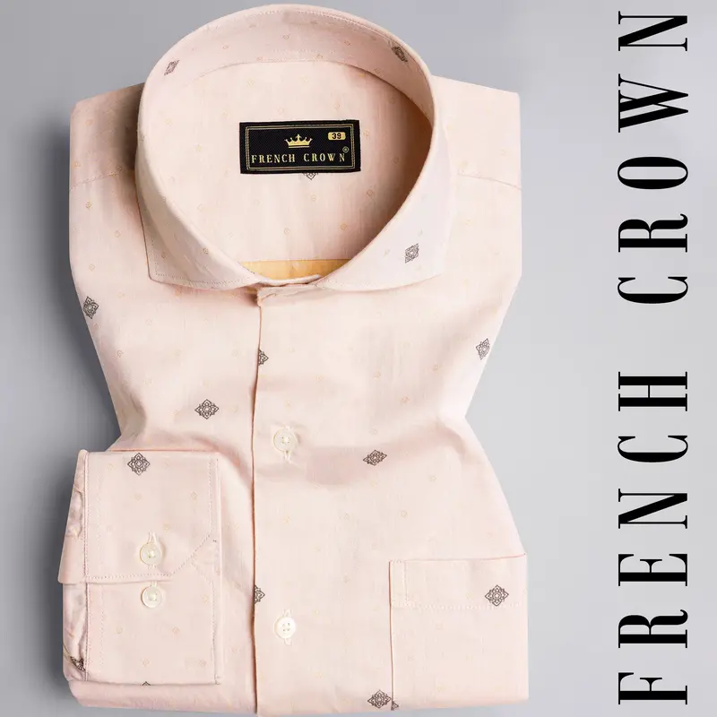 Soft Amber Peach With Pine Cone Brown Jacquard Textured Premium Giza Cotton Shirt 1