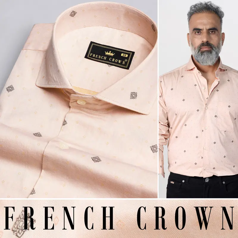 Soft Amber Peach With Pine Cone Brown Jacquard Textured Premium Giza Cotton Shirt 5