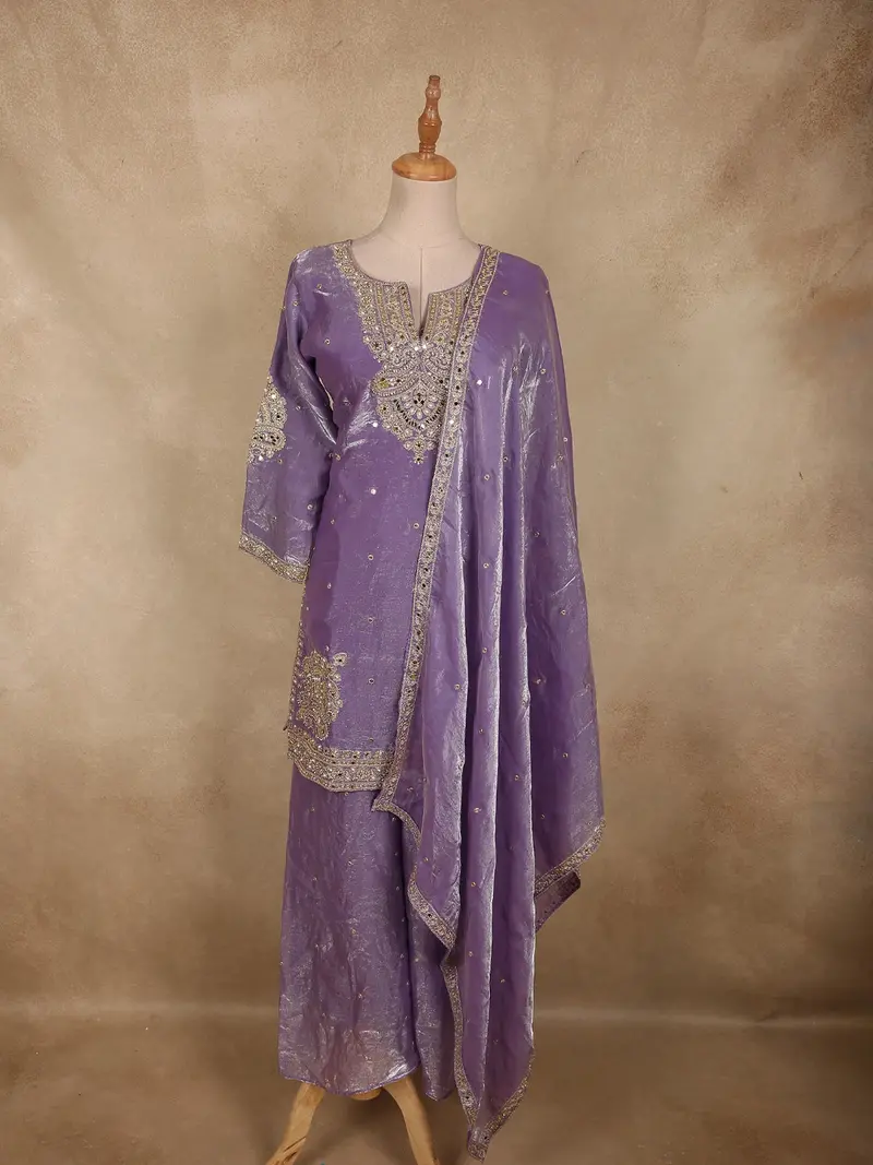Soft Amethyst Lavender Purple Beads And Mirror Embroidered Design Organza Sharara Suit With Dupatta 1