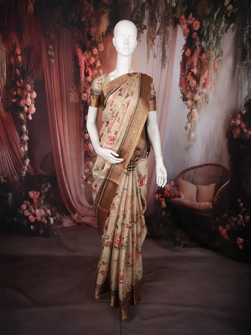 Soft Antique Beige Floral Printed Design Tussar Saree 1