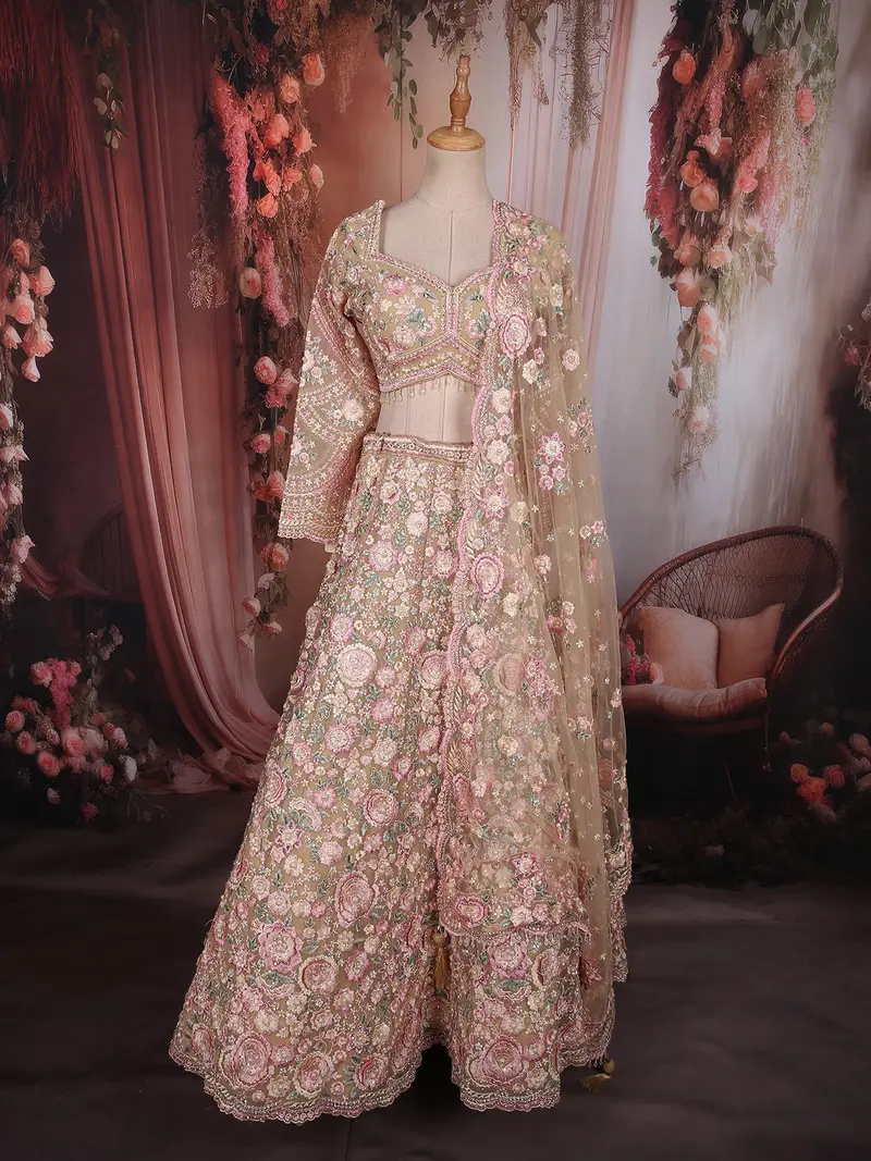 Soft Antique Beige Floral Thread And Beads Embroidered Design Net Lehenga With Net Dupatta 1