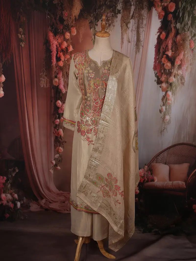 Soft Antique Beige Gold Floral Sequins And Beads  Embroidered Design Tissue Silk Palazzo Suit With Dupatta 1