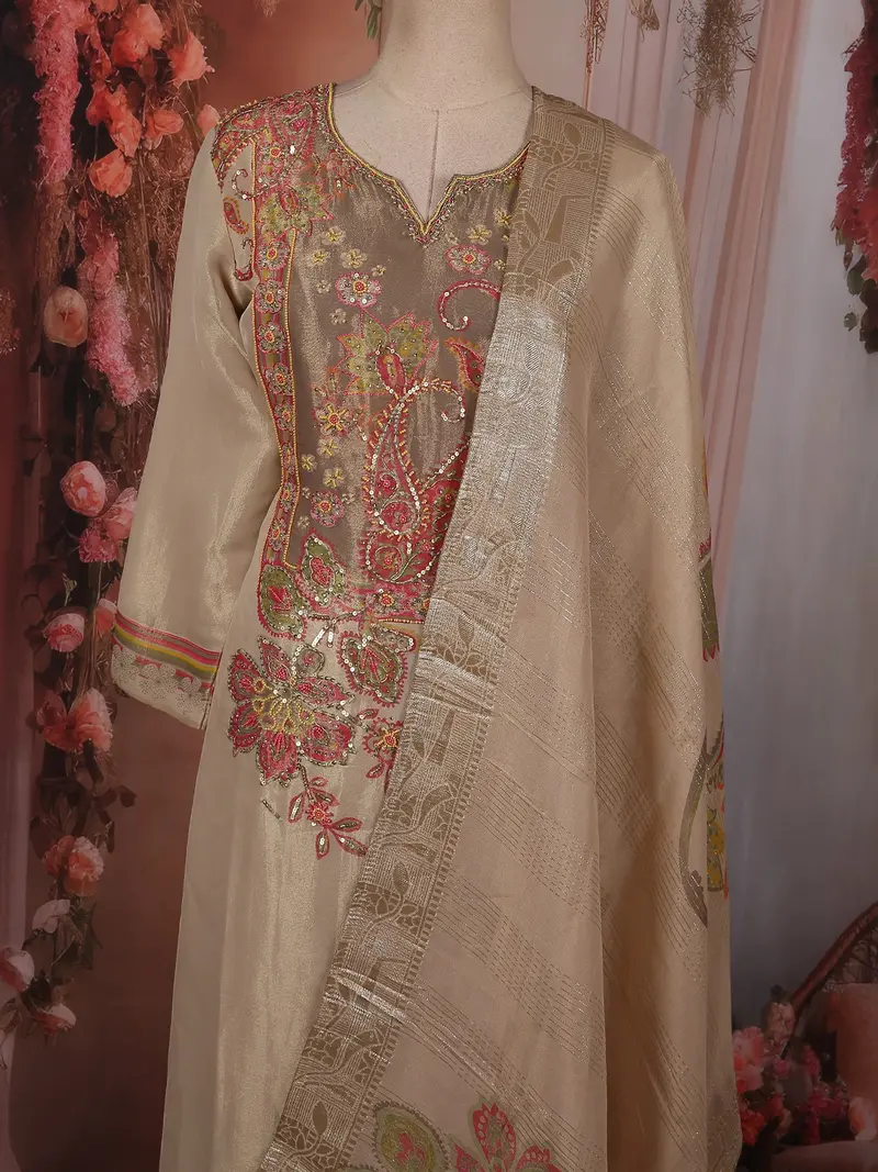 Soft Antique Beige Gold Floral Sequins And Beads Embroidered Design Tissue Silk Palazzo Suit With Dupatta 2