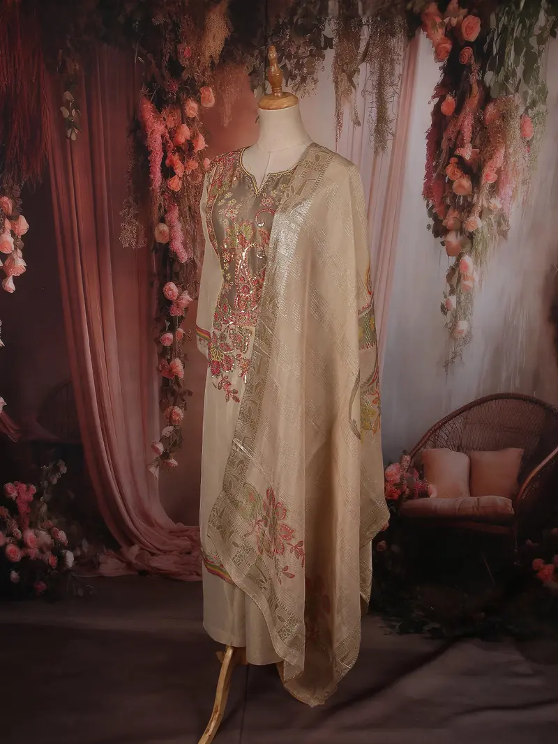 Soft Antique Beige Gold Floral Sequins And Beads Embroidered Design Tissue Silk Palazzo Suit With Dupatta 3