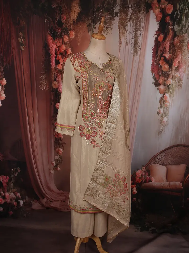 Soft Antique Beige Gold Floral Sequins And Beads Embroidered Design Tissue Silk Palazzo Suit With Dupatta 4