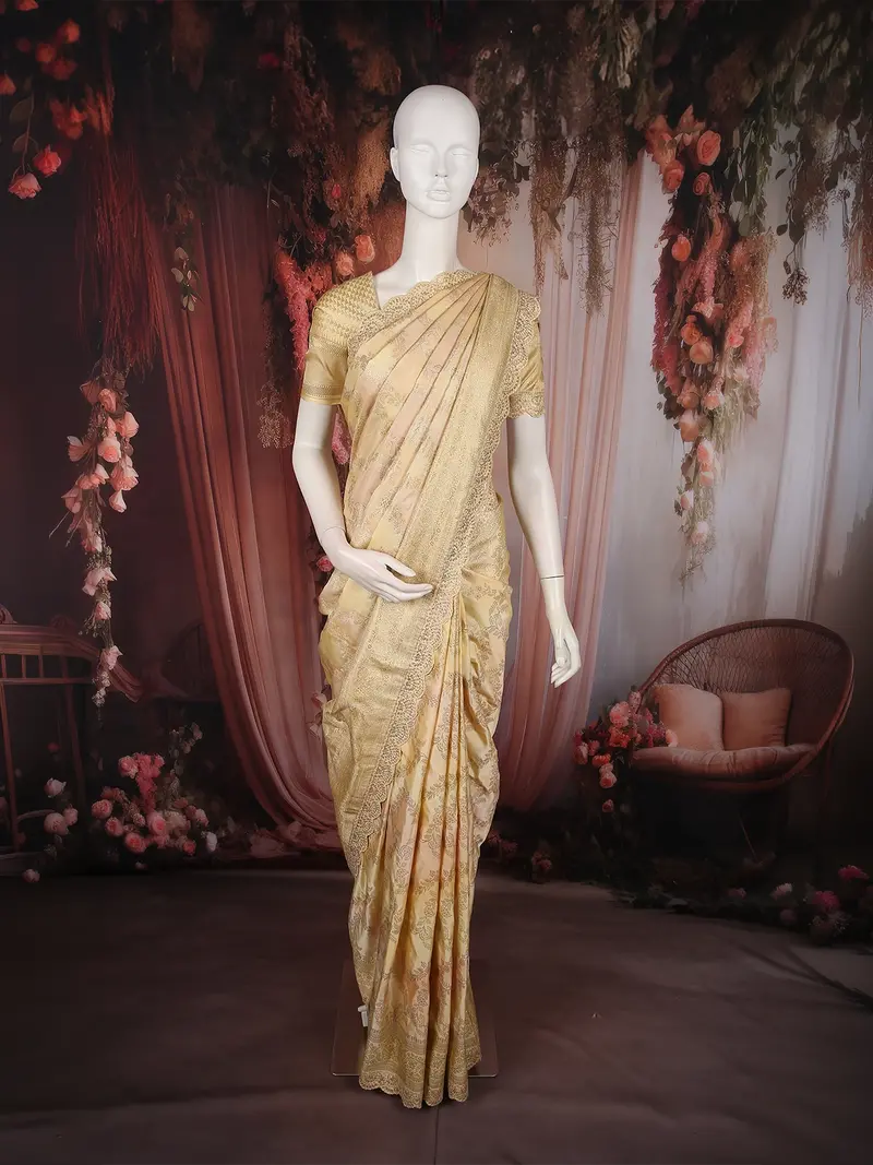Soft Antique Champagne Gold Floral Zari Woven Design Pure Banarasi Saree With Scalloped Zari Border 1