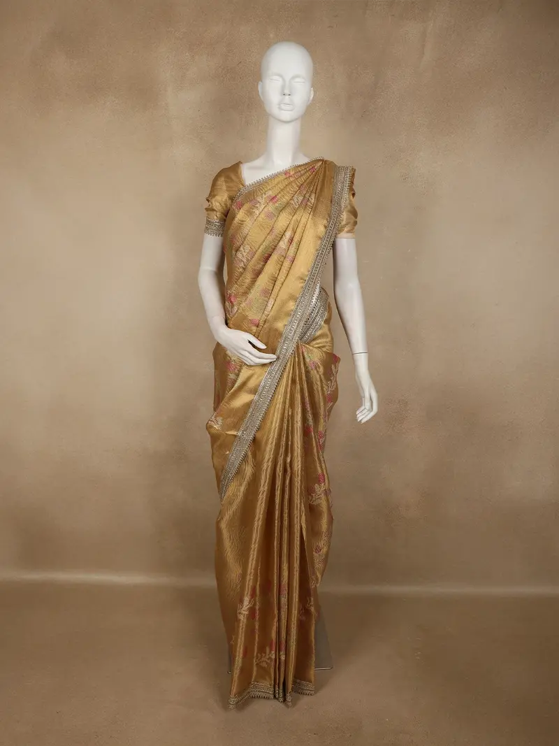 Soft Antique Gold Floral Zari Woven Design Tissue Designer Saree With Sequins Border 1