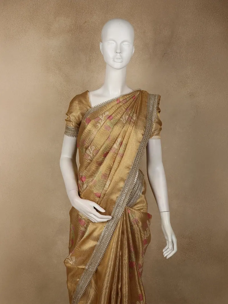 Soft Antique Gold Floral Zari Woven Design Tissue Designer Saree With Sequins Border 2