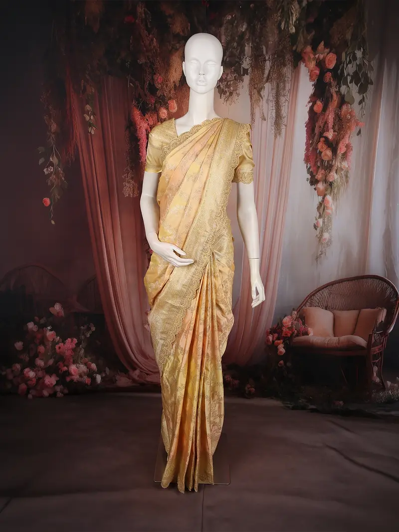 Soft Antique Golden Yellow Floral Zari Woven Design Pure Banarasi Saree With Scalloped Zari Border 1
