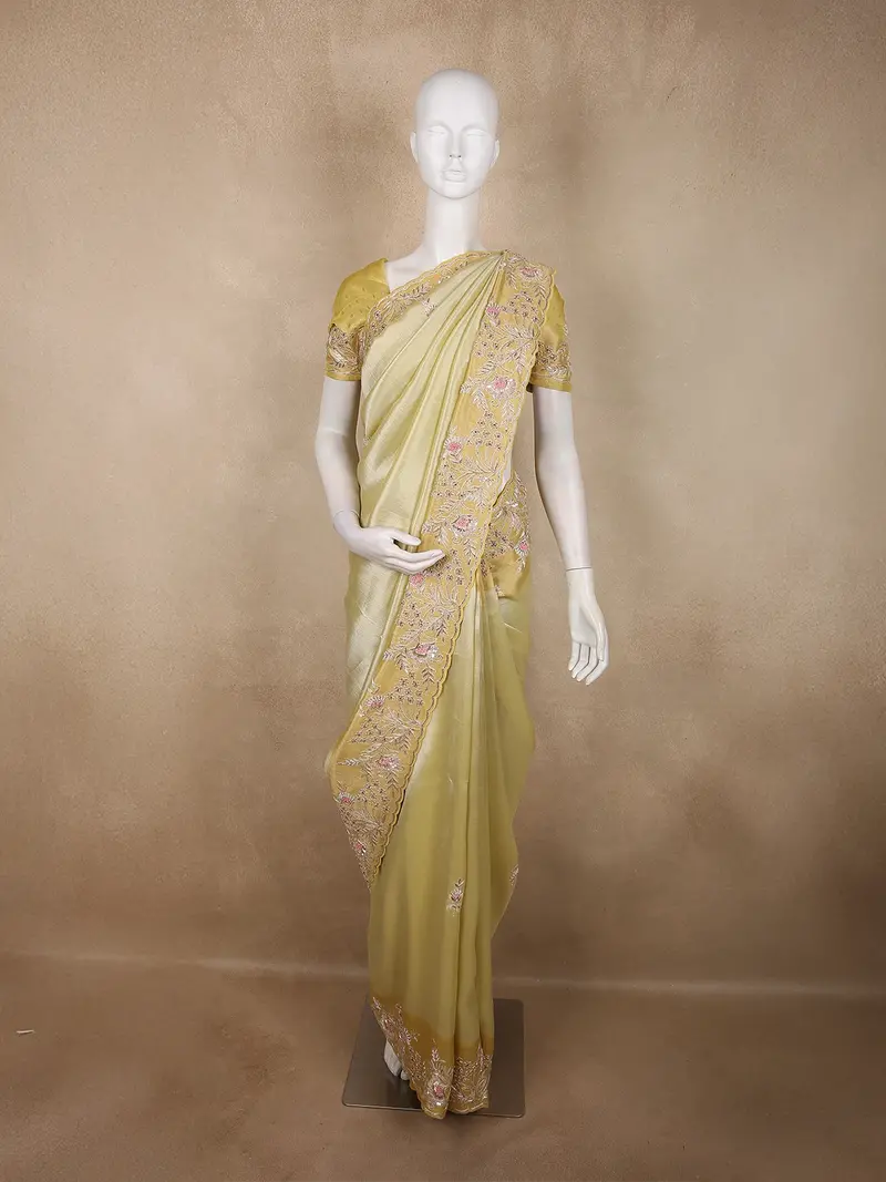 Soft Antique Mustard Gold Solid Design Tissue Organza Fancy Saree With Designer Border 1