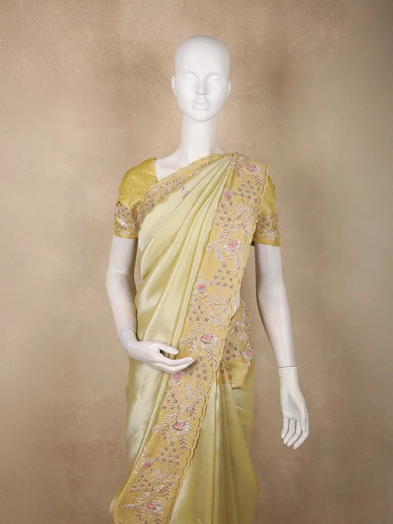 Soft Antique Mustard Gold Solid Design Tissue Organza Fancy Saree With Designer Border 2