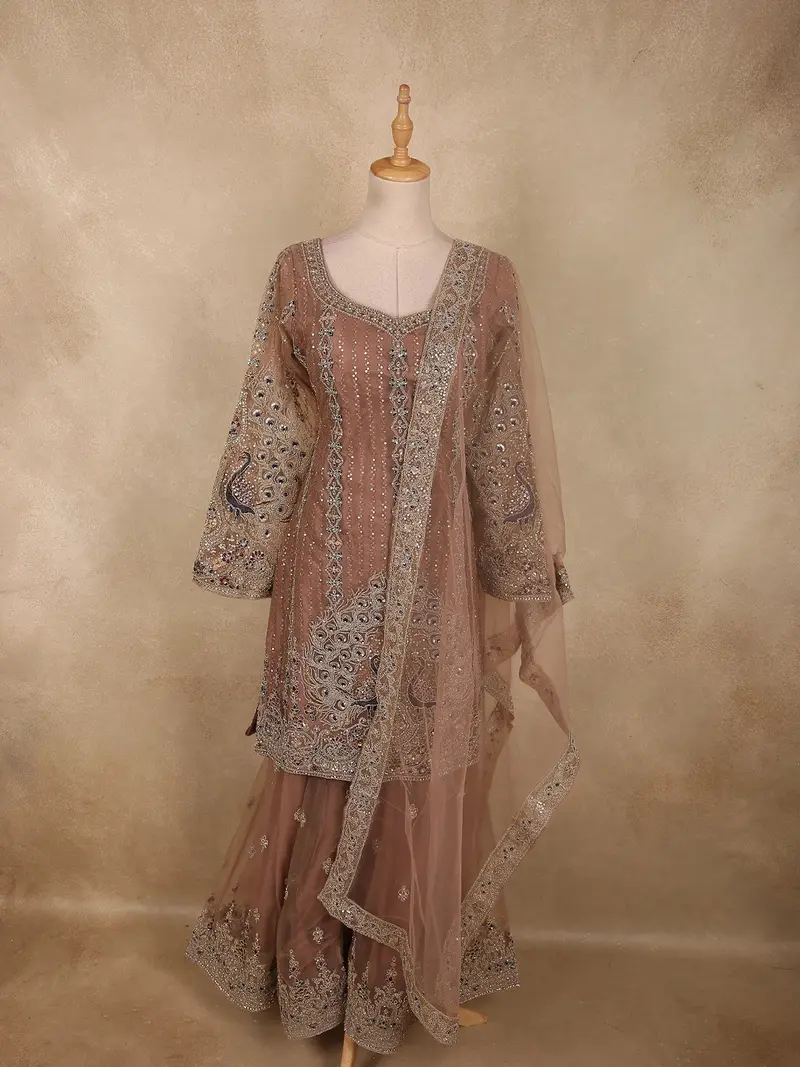 Soft Antique Taupe Brown Peacock Zari Embroidered Design Georgette Palazzo Suit With Dupatta 1