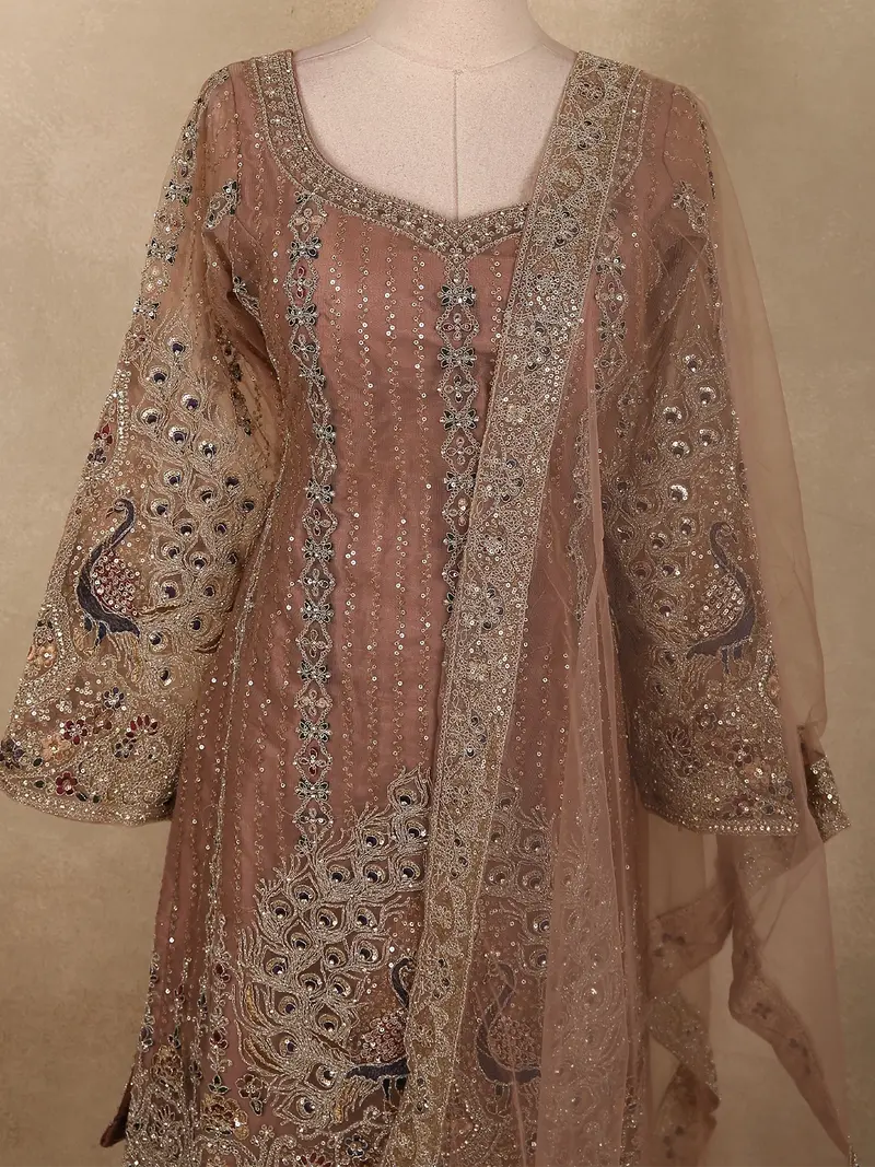 Soft Antique Taupe Brown Peacock Zari Embroidered Design Georgette Palazzo Suit With Dupatta 2
