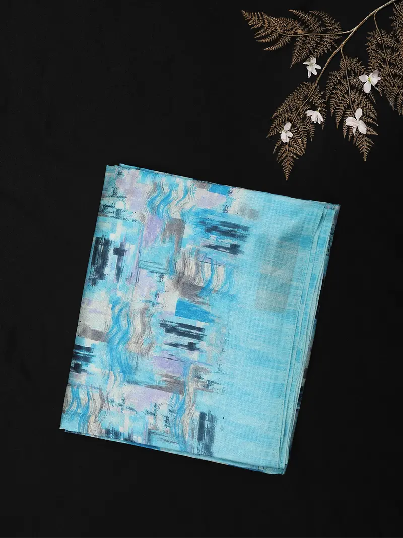 Soft Aqua Blue Abstract Printed Design Blended Cotton Saree 1