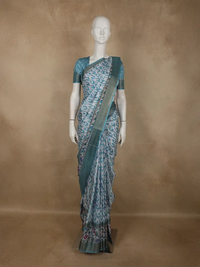 Soft Aqua Blue Abstract Printed Design Semi Tussar Saree 1