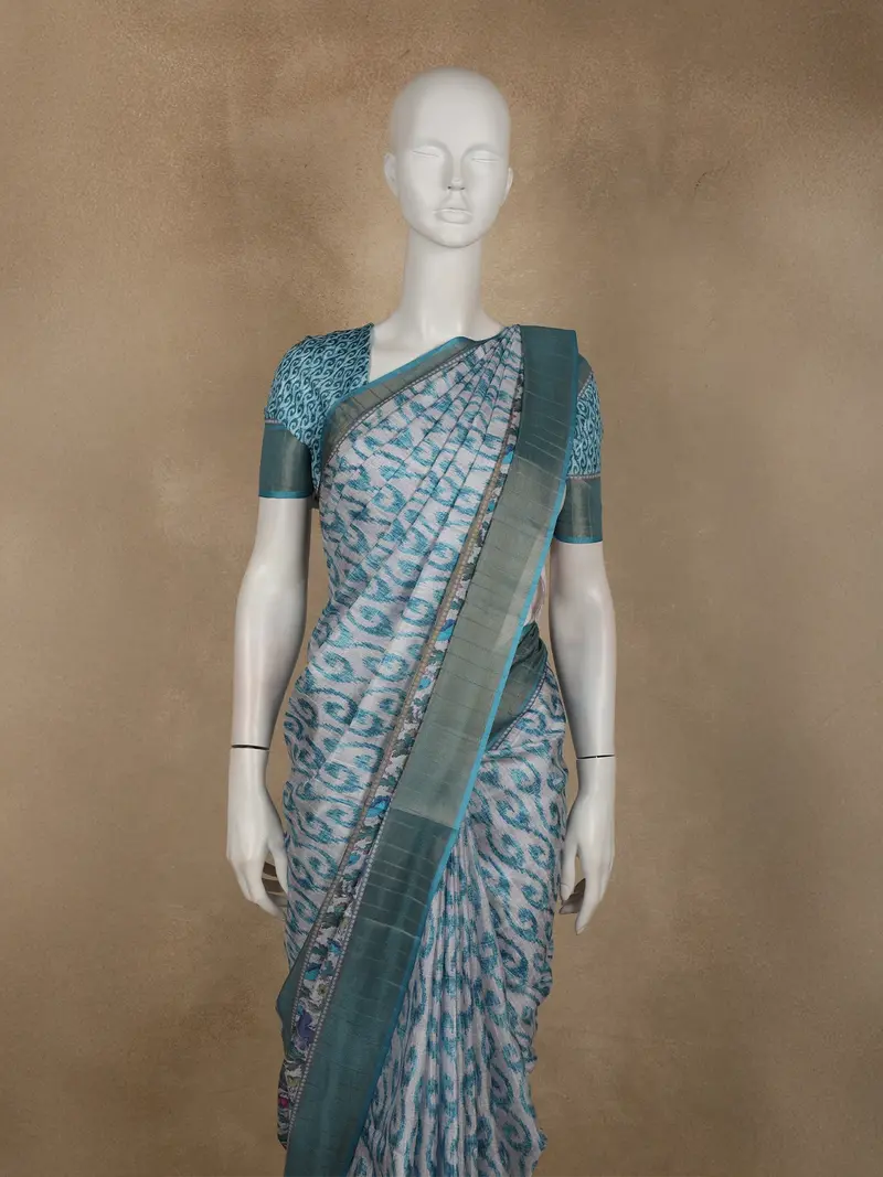 Soft Aqua Blue Abstract Printed Design Semi Tussar Saree 2